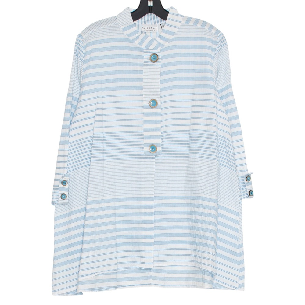 Habitat 3/4 Sleeve Tunic Top Striped Button Up Lagenlook Coastal Grandma Blue L
